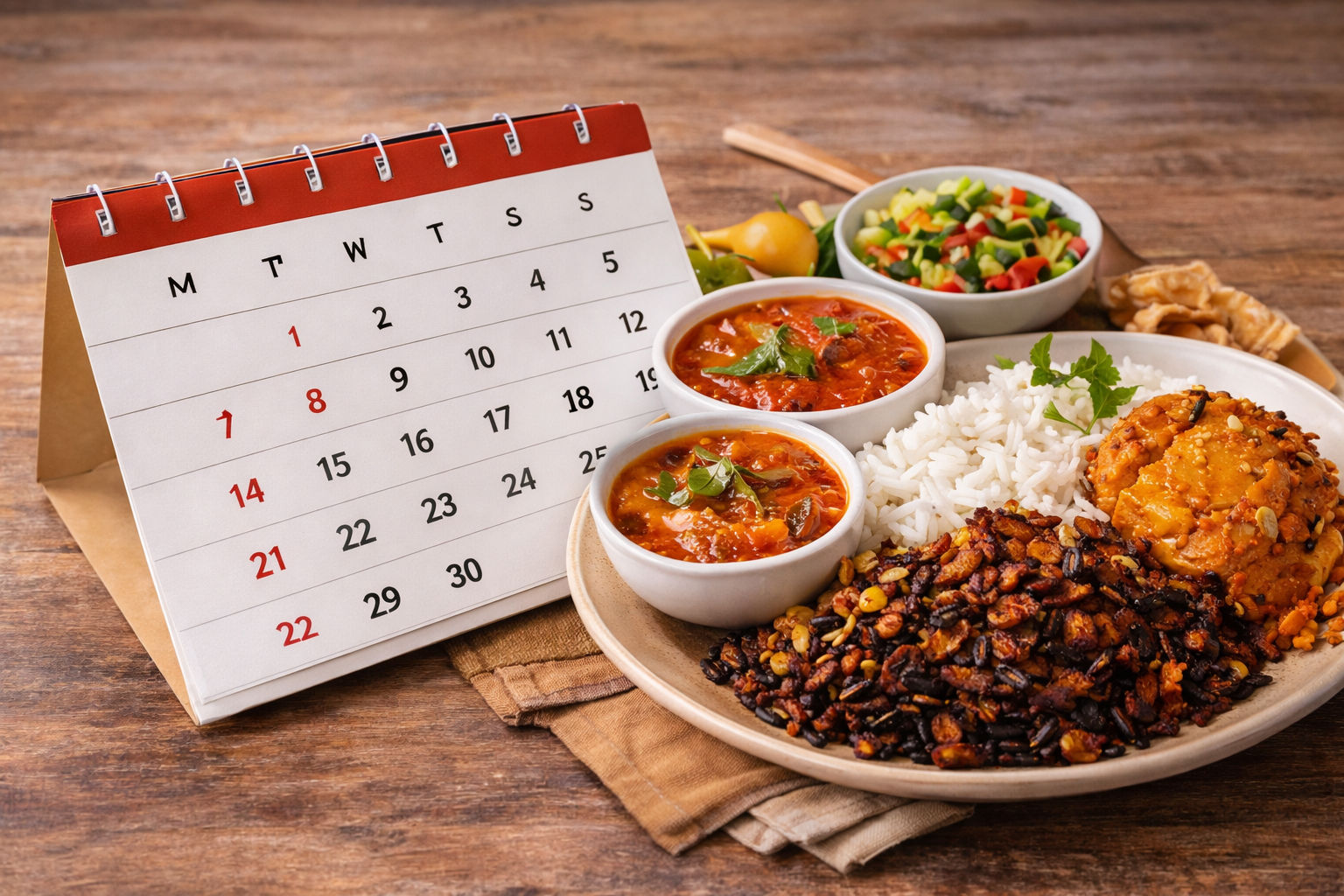Monthly meal schedule calendar and food